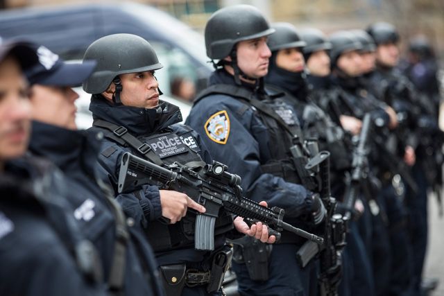 Members of the NYPD Strategic Response Group at a press conference in February